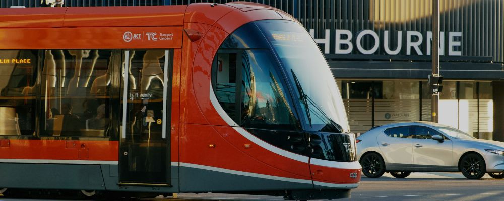 The light rail going down Northbourne Ave in the Canberra city