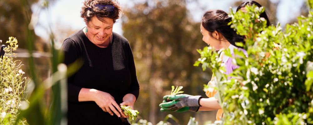 Students at ANU at the communal garden harvesting plants and plant-based ingredients