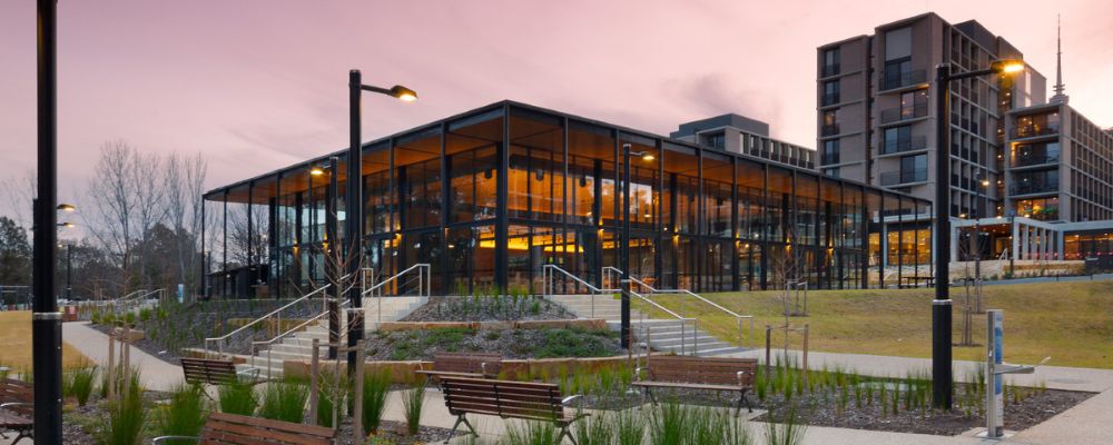 The exterior of Yukeembruk Village student accommodation on the ANU campus in Canberra.