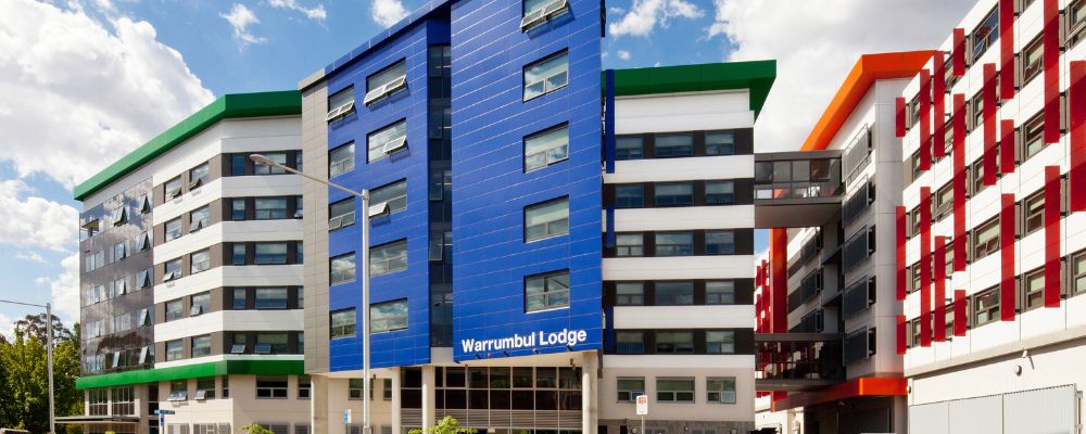 The exterior of Warrumbul Lodge student life on the ANU campus in Canberra.