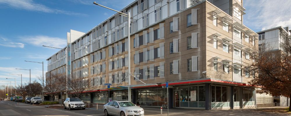 The exterior of Davey Lodge student accommodation on the ANU campus in Canberra.