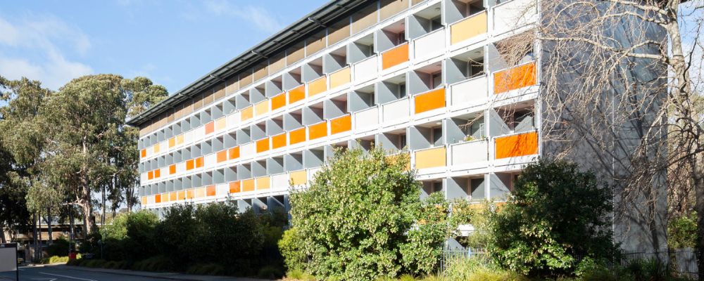 The exterior of Ursula Hall Laurus Wing student accommodation on the ANU campus in Canberra.