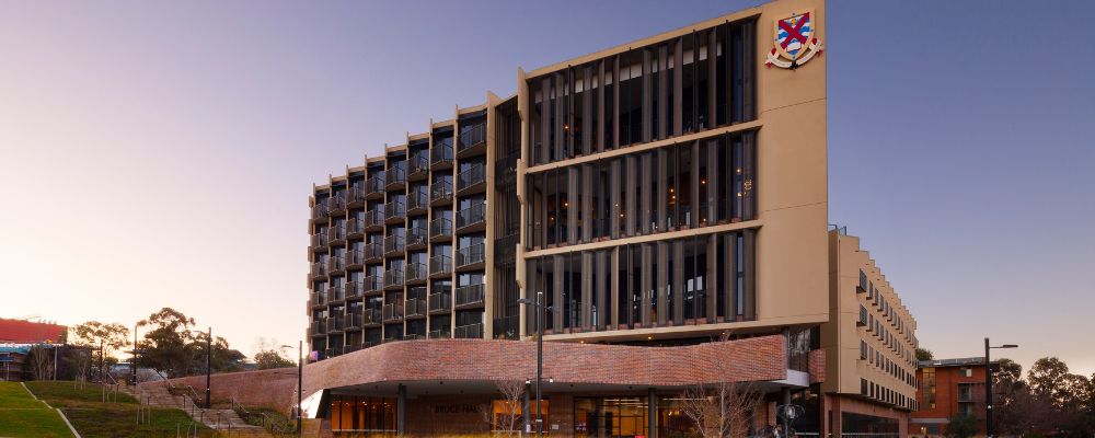 The exterior of Bruce Hall Main Wing student accommodation on the ANU campus in Canberra.