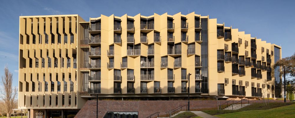 The exterior of Wright Hall student living on the ANU campus in Canberra.