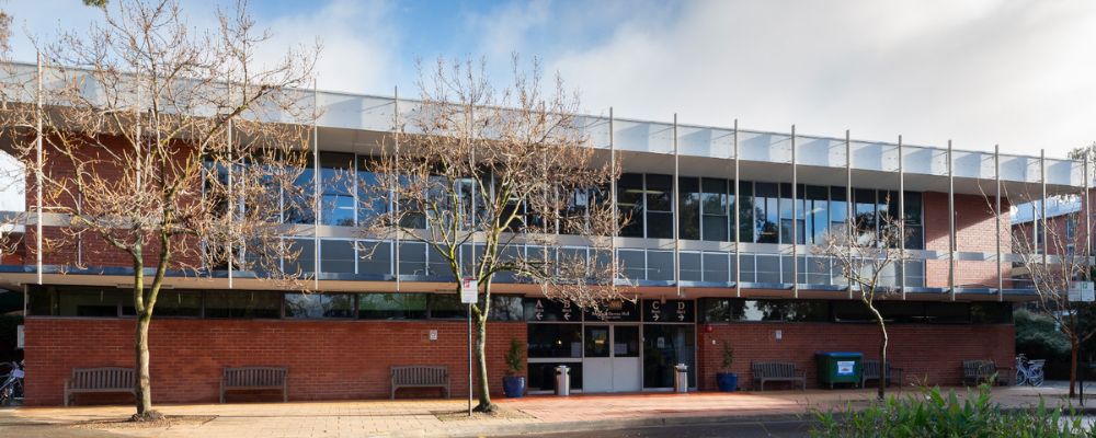 The exterior of Burton & Garran Hall student living on the ANU campus in Canberra.