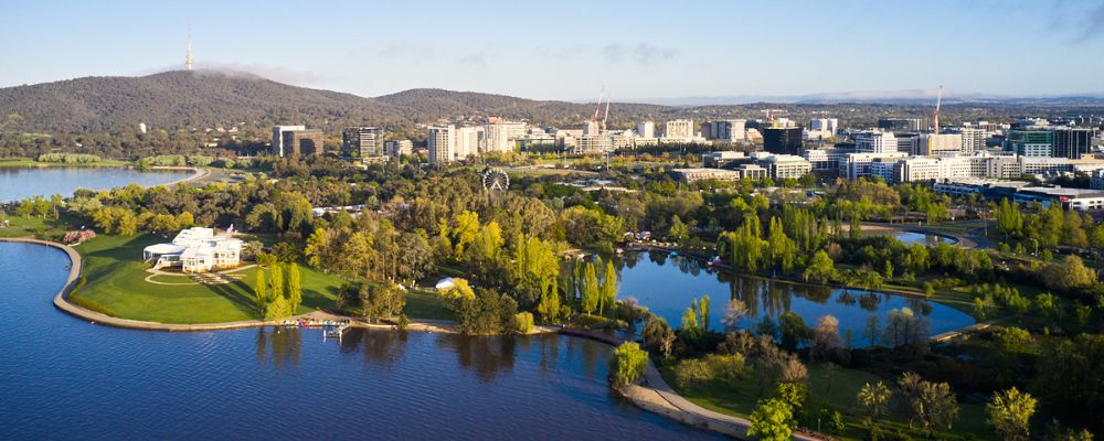 Above shot of Canberra city and Lake Burley Griffin