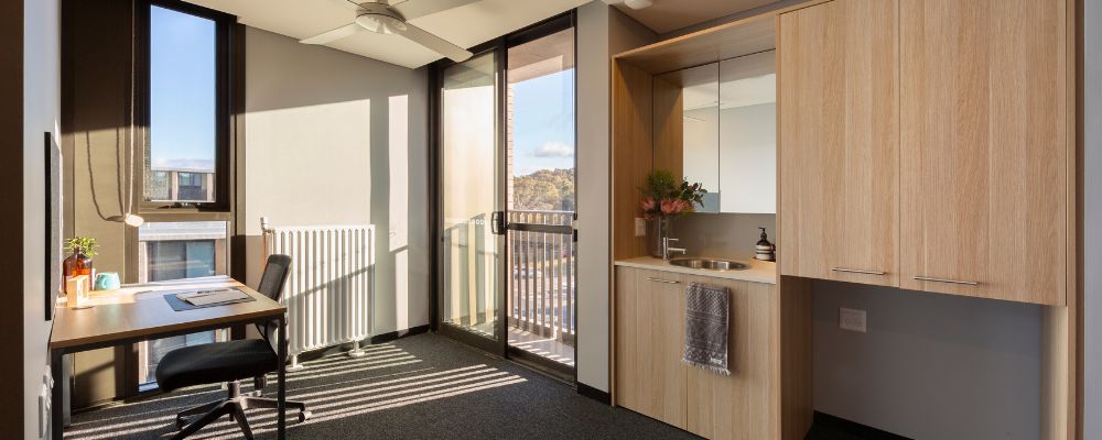 A new room in the Yukeembruk student accommodation on campus at ANU.  