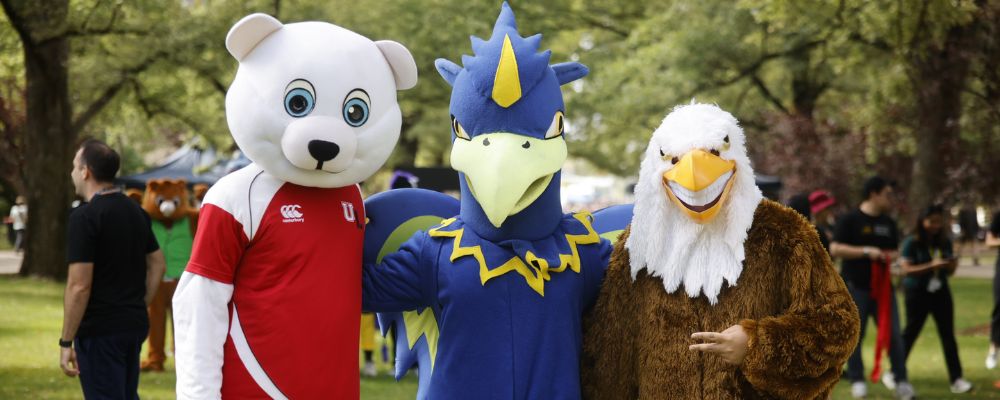 ANU residence mascots pose at ANU Open Day mascot race event on campus.