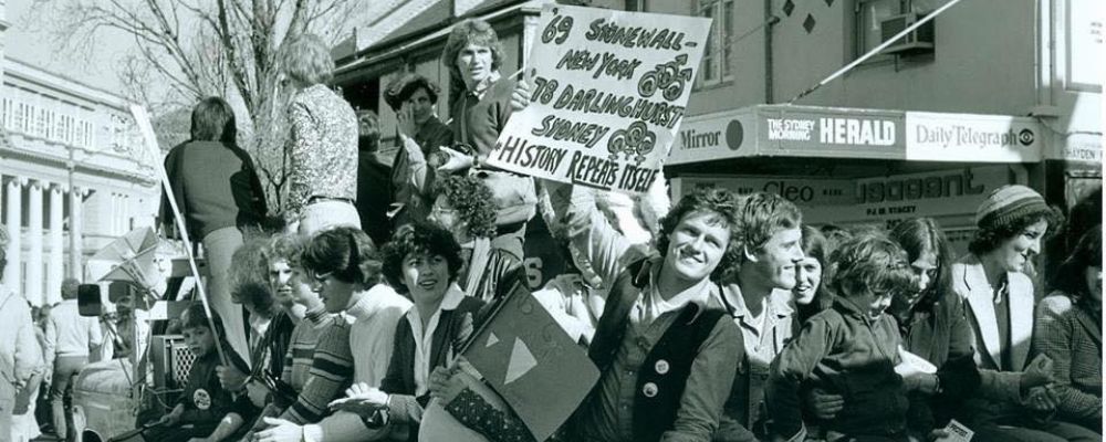 A group of people at the first Sydney Mardi Gras in 1978. 