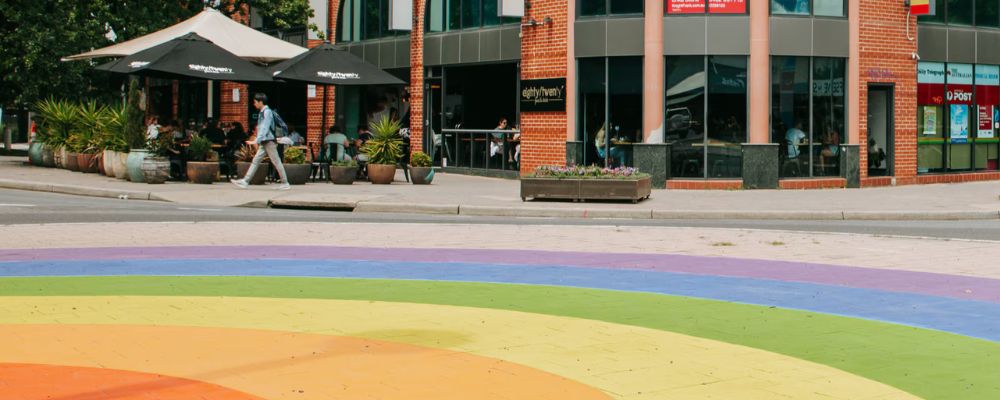 The rainbow roundabout in Braddon and street view of Lonsdale Street in Canberra. 