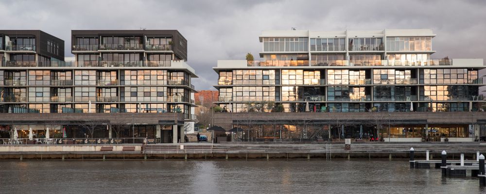 View of the waterfront shops and apartments on the Kingston Foreshore.