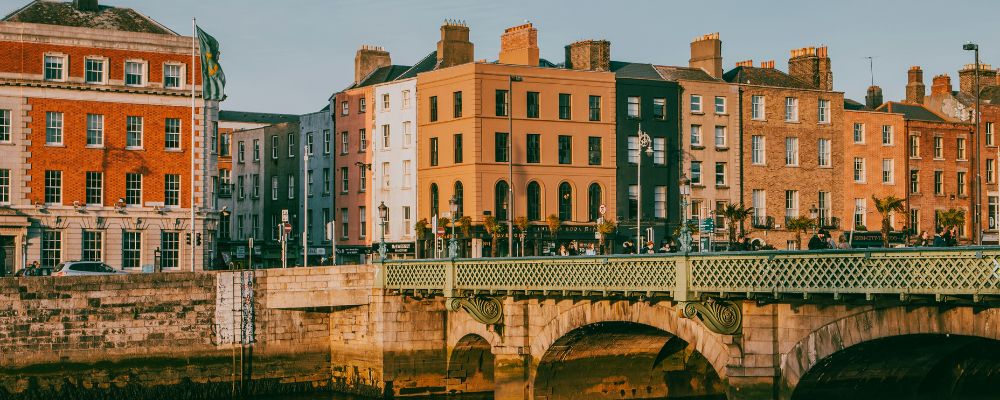 Sunset over the River Liffey in Dublin, Ireland. 