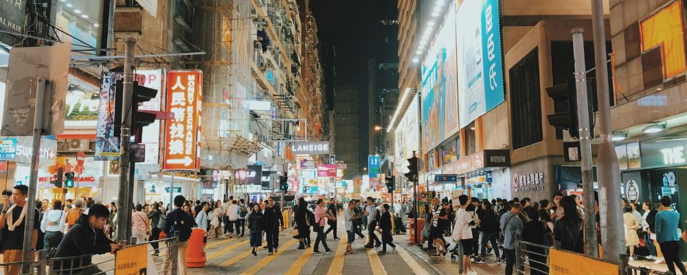 A busy street scene in the city of Hong Kong. 