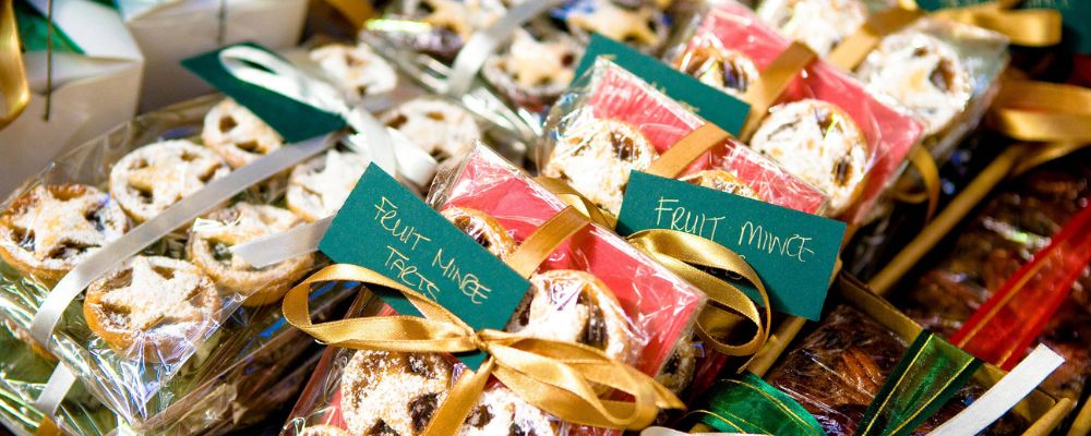 Special Christmas-themed wrapped mince pies at the Old Bus Depot Markets in Canberra.