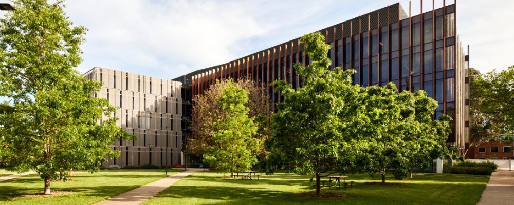 The exterior of the Hanna Neumann Building on the ANU campus in Canberra.
