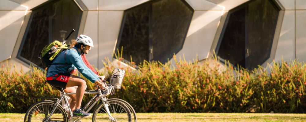 A cyclist rides past greenery on the ANU campus, wearing a helmet and backpack in the afternoon light